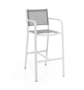 Chaise haute de bar en aluminium blanc et textilène gris clair Nassau