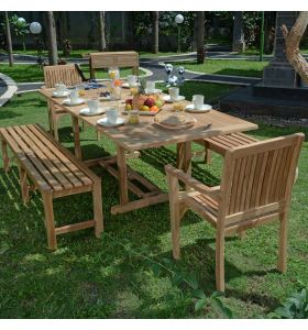 Ensemble salon de jardin en Teck massif qualité Ecograde Baléares - Table rectangulaire Milan extensible 1,8 à 2,4 m + 2 bancs + 2 fauteuils Lombok empilables