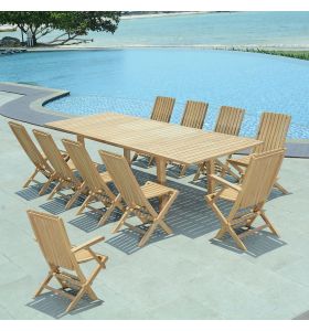Salon de jardin en teck qualité Ecograde Cancun - table extensible et 8 chaises et 2 fauteuils pliants karimun