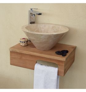 Meuble lave-mains suspendu en teck massif Ecograde Lazzeri avec vasque Koni en marbre crème