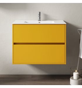 Meuble de salle de bain suspendu jaune curry avec 2 tiroirs et plan vasque en céramique, Jazz