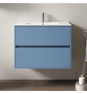 Meuble de salle de bain suspendu bleu denim avec 2 tiroirs et plan vasque en céramique, Jazz