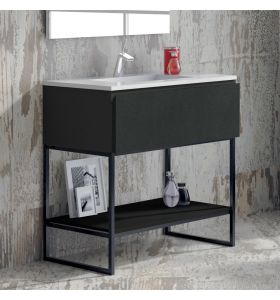 Meuble salle de bain noir 80 cm 1 tiroir + vasque céramique, Metal