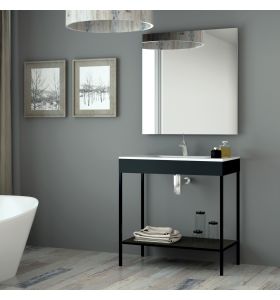 Meuble de salle de bain à poser en métal et bois laqué noir 80 cm + plan vasque céramique, Metal