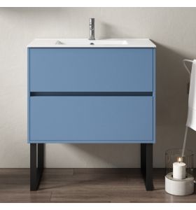 Meuble de salle de bain bleu denim sur pieds en métal noir avec 2 tiroirs et plan vasque en céramique, Jazz