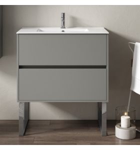 Meuble de salle de bain gris  sur pieds en métal chromé avec 2 tiroirs et plan vasque en céramique, Jazz