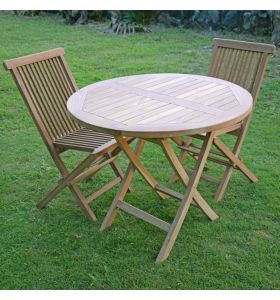 Salon Daru en teck massif de qualité Ecograde©, table pliante ronde Adomée Diam 90 cm + 2 chaises Java