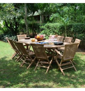Salon de jardin en teck Ecograde© Miami, table ovale Florence extensible de 1.94 à 2.94 m + 2 fauteuils et 10 chaises Java