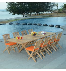 Salon de jardin en teck qualité Ecograde Messine - table extensible 2 à 3 m et 8 chaises pliantes Barbade avec coussins oranges
