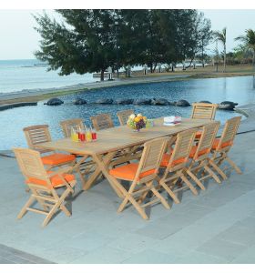 Salon de jardin en teck qualité Ecograde Alexandrie - table extensible et 8 chaises et 2 fauteuils pliants Barbade et coussins oranges