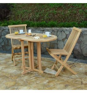 Salon de jardin en teck massif de qualité Ecograde© Tahiti, table pliante Manoï 120 x 60 cm + 2 chaises Java pliantes modèle Peigne
