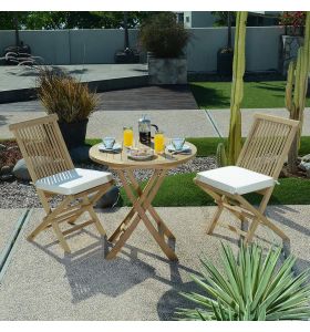 Salon de jardin en teck massif Ecograde Manga, table pliante ronde 75 cm Opio + 2 chaises pliantes Java
