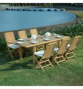 Salon de jardin en teck qualité Ecograde Kythira - table extensible 1.74 à 2.34 m et 6 chaises pliantes Karimun avec coussins écrus