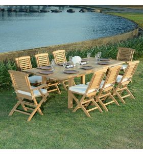 Salon de jardin en teck qualité Ecograde Almeria - table extensible 1.8 à 2.4 m et 6 chaises et 2 fauteuils pliants Barbade avec coussins écrus