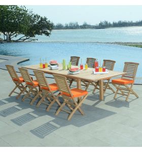 Salon de jardin en teck qualité Ecograde Irun - table extensible et 8 chaises pliantes Barbade et coussins oranges