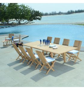 Salon de jardin en teck qualité Ecograde Minestrone - table extensible et 8 chaises pliantes karimun avec coussins écrus