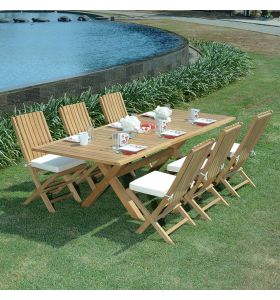 Salon de jardin en teck qualité Ecograde Batang - table extensible 1.74 à 2.34 m et 6 chaises pliantes Karimun avec coussins écrus