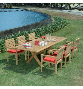 Salon de jardin en teck qualité Ecograde Byblos - table extensible 1.8 à 2.4 m et 6 fauteuils empilables Tivoli avec coussins rouges