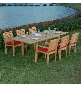 Salon de jardin en teck qualité Ecograde Caserte - table extensible 1.8 à 2.4 m et 6 fauteuils empilables Tivoli et coussins rouges