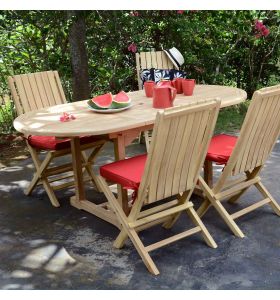 Salon de jardin en teck Ecograde Alizé, table ovale Sirius extensible de 1.20 à 1,8 m + 4 chaises pliantes Karimun avec coussins rouges