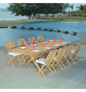 Salon de jardin en teck qualité Ecograde Canoas - table extensible et 8 chaises pliantes Karimun avec coussins écrus