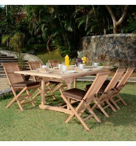 Salon de jardin en teck qualité Ecograde Caraïbes, table rectangulaire Milan extensible de 1.8 à 2.4 m avec 6 chaises pliantes java avec coussins chocolats