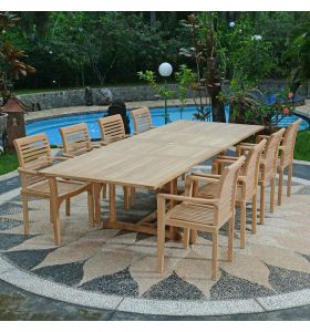 Ensemble salon de jardin en teck massif qualité Ecograde© Alifax, Table rectangulaire Sydney extensible  + 8 fauteuils empilables Samoa