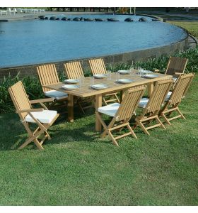Salon de jardin en teck qualité Ecograde Pondichery - table extensible 1.74 à 2.34 m et 6 chaises et 2 fauteuils pliants Karimun avec coussins écrus