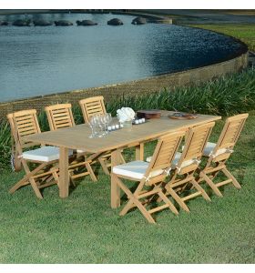 Salon de jardin en teck qualité Ecograde Valdemoro - table extensible 1.8 à 2.4 m et 6 chaises pliantes Barbade avec coussins écrus