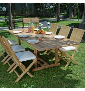 Salon de jardin en teck massif de qualité Ecograde© Vera Cruz, table rectangulaire Milan extensible de 1.80 à 2.40 m + 6 chaises pliantes Karimun  avec coussins écrus