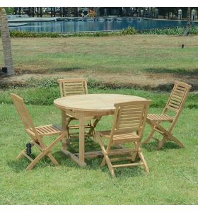 Salon de jardin Garando en teck massif de qualité Ecograde, table ronde Roma extensible de 1,2 à 1,7 m + 4 chaises pliantes Barbade 