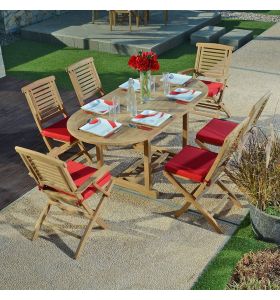 Ensemble de jardin en teck massif qualité Ecograde© Hermel, table ovale Sirius extensible de 1.2 à 1,8 m + 4 chaises et 2 fauteuils pliants Barbade