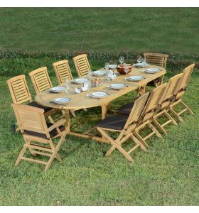 Salon de jardin en Teck de qualité Ecograde Khania - Table ovale extensible  + 8 chaises et 2 fauteuils pliants Barbade