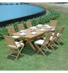 Salon de jardin en teck qualité Ecograde Livourne - table extensible 1.8 à 2.4 m et 6 chaises et 2 fauteuils pliants Barbade et coussins écrus