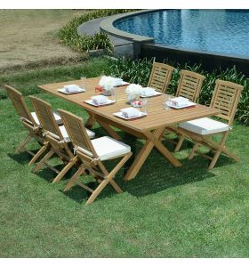 Salon de jardin en teck qualité Ecograde Manabo - table extensible 1.8 à 2.4 m et 6 chaises pliantes Barbade avec coussins écrus