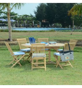 Salon de jardin Padang en teck massif de qualité Ecograde, table ronde Roma extensible de 1,2 à 1,7 m + 6 chaises pliantes Java