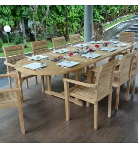 Ensemble salon de jardin en Teck massif qualité Ecograde Venise - Table ovale Florence extensible + 10 fauteuils Samoa empilables  
