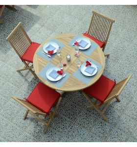Salon de jardin en teck massif de qualité Ecograde© Managua, table ronde  pliante  Domingue Diam 120 cm + 4 chaises pliantes Java avec coussins rouges