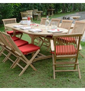 Salon de jardin en teck massif de qualité Ecograde© Aore, table ovale Vérone extensible de 1.60 à 2.40 m + 8 chaises et 2 fauteuils pliants Java