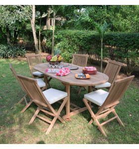 Salon de jardin en teck massif qualité Ecograde© Manille, table ovale Sirius extensible de 1.2 à 1,8 m + 6 chaises pliantes Java avec coussins écrus
