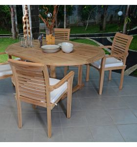 Salon de jardin Marbella en teck massif de qualité Ecograde, table ronde Roma extensible de 1,2 à 1,7 m + 4  fauteuils empilables Samoa avec coussins écrus