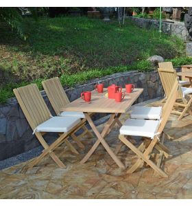 Salon de jardin en teck Ecograde Masaï table rectangulaire pliante Kensaï de 120 x 70 cm + 4 chaises pliantes Karimun avec coussins écrus