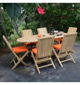 Salon de jardin en teck Ecograde Sirocco, table ovale Sirius extensible de 1.20 à 1,80 m + 6 chaises pliantes Karimun avec coussins oranges