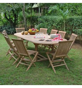 Salon de jardin en teck Ecograde Timaru, table ovale Florence extensible de 1.94 à 2.94 m x 110 cm + 10 chaises pliantes Java