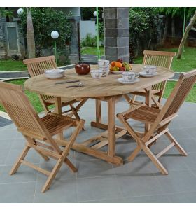 Salon de jardin Wesport en teck massif de qualité Ecograde, table ronde Roma extensible de 1,2 à 1,7 m + 4 chaises pliantes Java