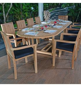 Ensemble salon de jardin en Teck massif qualité Ecograde Santorin - Table ovale Florence extensible + 10 fauteuils Lombok empilables  