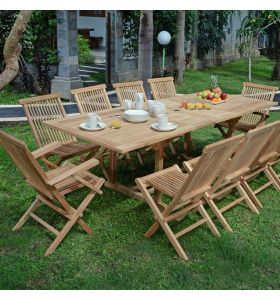 Salon de jardin en teck qualité Ecograde Vienne, table rectangulaire Milan extensible de 1.8 à 2.4 m avec 6 chaises pliantes Java