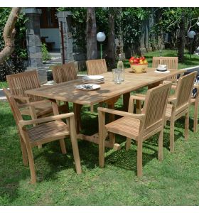 Salon de jardin en teck massif qualité Ecograde© Wellington, table rectangulaire Milan extensible de 1.80 à 2.40 m + 8 fauteuils empilables Lombok