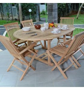 Salon de jardin Sarragosse en teck massif de qualité Ecograde, table ronde Roma extensible de 1,2 à 1,7 m + 4 chaises et 2 fauteuils pliants Java