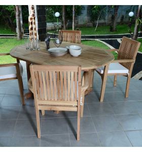 Salon de jardin Valence en teck massif de qualité Ecograde, table ronde Roma extensible de 1,2 à 1,7 m + 4  fauteuils empilables Lombok avec coussins écrus